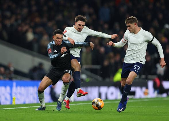 10th January 2026; Tottenham Hotspur Stadium, London, England; FA Cup Football, Tottenham Hotspur versus Aston Villa; Morgan Rogers of Aston Villa under pressure from Joao Palhinha and Micky van de Ven of Tottenham Hotspur  JohnxPatrickxFletcher