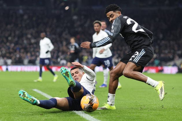 Tottenham v Aston Villa 10 January 2026, London - Emirates FA Cup, Third Round - Tottenham Hotspur v Aston Villa - Pedro Porro of Tottenham Hotspur goes to ground as he tackles Ian Maatsen of Aston Villa - Photo: Charlotte Wilson Offside. London UK Copyright: xCharlottexWilsonx xOffsidexOffside