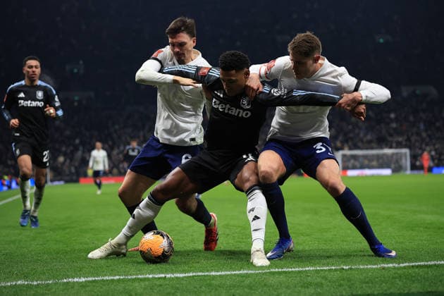 Tottenham Hotspur v Aston Villa, FA Cup, 3rd Round Aston Villa Forward Ollie Watkins 11under Pressure from Tottenham Hotspur Midfielder Joao Palhinha (6) & Tottenham Hotspur Defender Micky van de Ven (37) during the FA Cup match between Tottenham Hotspur and Aston Villa at Tottenham Hotspur Stadium, London, UK on 10 January 2026. London Tottenham Hotspur Stadium London UK Editorial use only DataCo restrictions apply See www.football-dataco.com , Copyright: xChrisxFoxwellx PSI-23550-0039
