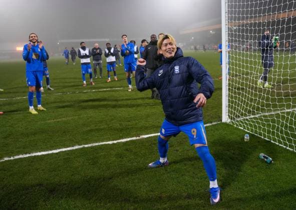 Goalscorer Kyogo Furuhashi of Birmingham City celebrates near the away fans at fulltime after his team s victory Cambridge United v Birmingham City, Emirates FA Cup, Third Round, Football, Cledara Abbey Stadium, Cambridge, UK - 10 Jan 2026Cambridge Cledara Abbey Stadium United Kingdom EDITORIAL USE ONLY No use with unauthorised audio, video, data, fixture lists, club league logos or live services. Online in-match use limited to 120 images, no video emulation. No use in betting, games or single club league player publications. Copyright: xJedxLeicester Shutterstockx 16246307al