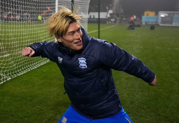 Goalscorer Kyogo Furuhashi of Birmingham City celebrates near the away fans at fulltime after his team s victory Cambridge United v Birmingham City, Emirates FA Cup, Third Round, Football, Cledara Abbey Stadium, Cambridge, UK - 10 Jan 2026Cambridge Cledara Abbey Stadium United Kingdom EDITORIAL USE ONLY No use with unauthorised audio, video, data, fixture lists, club league logos or live services. Online in-match use limited to 120 images, no video emulation. No use in betting, games or single club league player publications. Copyright: xJedxLeicester Shutterstockx 16246307ai
