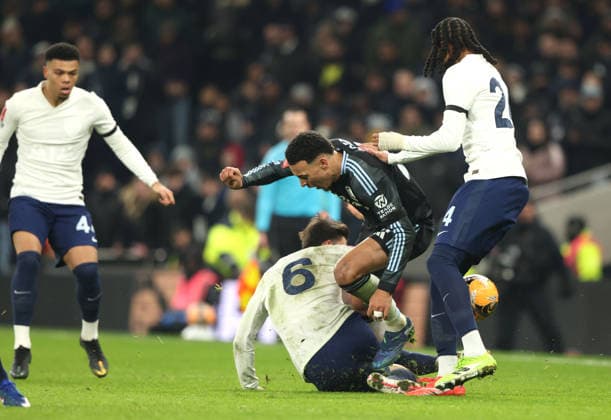 Joao Palhinha (TH) Morgan Rogers (AV) at the Tottenham Hotspur v Aston Villa Emirates FA Cup match, at the Tottenham Hotspur Stadium, London, UK on 10th January, 2026. 