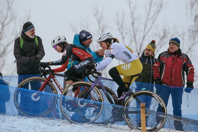 Czech cyclocross national championships, cyclocross, women elite, Katerina Hladikova (left) and Kristyna Zemanova (right) on snow, on January 10, 2026, Ostrava, Czechia. (CTKxPhoto JanxBrychta) CTKPhotoF202601100020901  CTKPhotoF202601100020901
