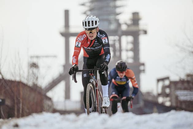 Czech cyclocross national championships, cyclocross, men elite, Vaclav Jezek in front of Krystof Bazant, on January 10, 2026, Ostrava, Czechia. (CTKxPhoto JanxBrychta) CTKPhotoF202601100021501  CTKPhotoF202601100021501