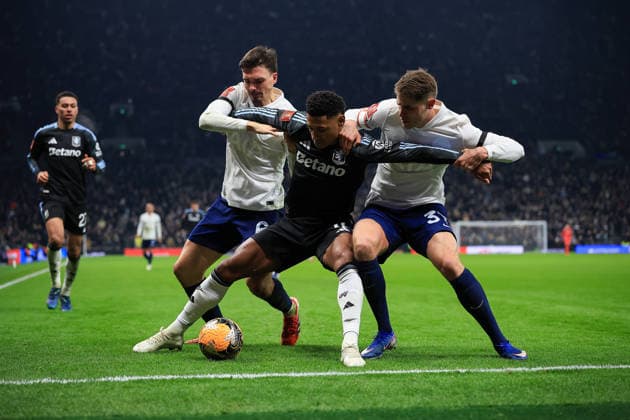 Tottenham Hotspur v Aston Villa, FA Cup, 3rd Round Aston Villa Forward Ollie Watkins 11under Pressure from Tottenham Hotspur Midfielder Joao Palhinha (6) & Tottenham Hotspur Defender Micky van de Ven (37) during the FA Cup match between Tottenham Hotspur and Aston Villa at Tottenham Hotspur Stadium, London, UK on 10 January 2026. Editorial use only DataCo restrictions apply See www.football-dataco.com , Copyright: xChrisxFoxwellx PSI-23550-0127
