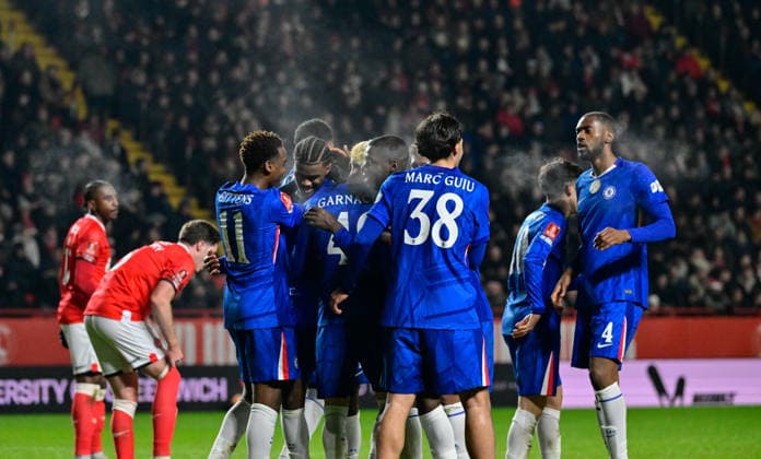 Charlton Athletic v Chelsea, London, UK - 10 Jan 2026 Goal celebrations for Jorrel Hato of Chelsea after scoring the opening goal during the Emirates FA Cup match Third Round between Charlton Athletic and Chelsea on 10 January 2026 at The Valley, London - Charlton The Valley London England Copyright: xAlanxStanford PPAUKx PPA-239889