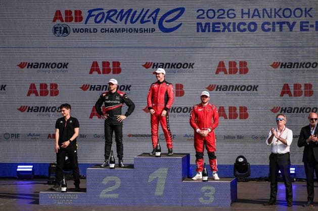 2025 FORMULA E MEXICO CITY ePRIX ROWLAND Oliver (gbr), Nissan Formula E Team, Nissan e-4ORCE 05, portrait, MORTARA Edoardo (swi), Mahindra Racing, Mahindra M12Electro, portrait and CASSIDY Nick (nzl), Citroën Racing Formula E Team, Citroën, portrait podium during the the Mexico City Paulo ePrix, 2nd round of the 2025-26 ABB FIA Formula E World Championship, WM, Weltmeisterschaft on the Autodromo Hermanos Rodriguez from January 8 to 10, 2025 in Mexico City, Mexico - Mexico CityMexico Copyright: xEricxAlonsox