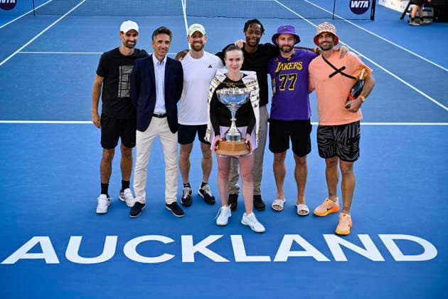 Elina Svitolina (UKR) poses with her team and tournament director Nicholas Lamperin and the trophy after winning the women s single final match of the ASB Classic Women™s WTA250 tennis tournament at Manuka Doctor Arena, Auckland, New Zealand on Sunday 11 January 2026. Photo credit: Alan Lee Auckland New Zealand Copyright: xAlanxLeex xx