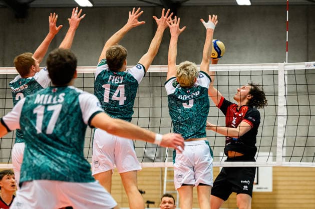 Ludwigsburg: 1. BLM - 25 26 - MTV Ludwigsburg - FT 1844 Freiburg v.li. im Block Yannick Harms (Freiburg), Charles Figy (Freiburg), Fabian Hosch (Freiburg), Ben-Simon Bonin (Ludwigsburg) Ludwigsburg Innenstadtsporthalle Baden-Württemberg Deutschland