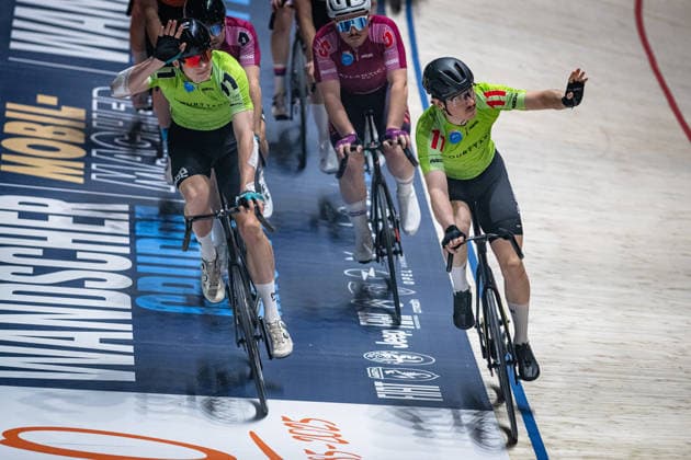 BOOS Benjamin, MOORE Peter: Sixdays Bremen 2026 Team 11 - COURTYARD BY MARRIOTT - BOOS Benjamin ( GER ) - Black - MOORE Peter ( USA ) - Red Querformat - quer - horizontal - Landscape - Event Veranstaltung: Sixdays Bremen 2026 - Category Kategorie: Cycling - Track cycling, Rad, Radsport, Bahnrad, Bahn Sixdays - Elite Men - Location Ort: Europe Germany - Bremen - ÖVB Arena - Discipline: Team Presentation - Distance: ... m - Date Datum: 10.01.2026 Saturday Day 2 -