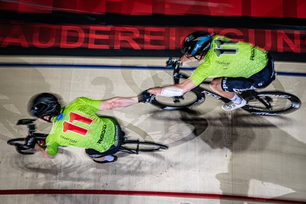 BOOS Benjamin, MOORE Peter: Sixdays Bremen 2026 Team 11 - COURTYARD BY MARRIOTT - BOOS Benjamin ( GER ) - Black - MOORE Peter ( USA ) - Red Querformat - quer - horizontal - Landscape - Event Veranstaltung: Sixdays Bremen 2026 - Category Kategorie: Cycling - Track cycling, Rad, Radsport, Bahnrad, Bahn Sixdays - Elite Men - Location Ort: Europe Germany - Bremen - ÖVB Arena - Discipline: Madison - Distance: ... m - Date Datum: 10.01.2026 Saturday Day 2 -
