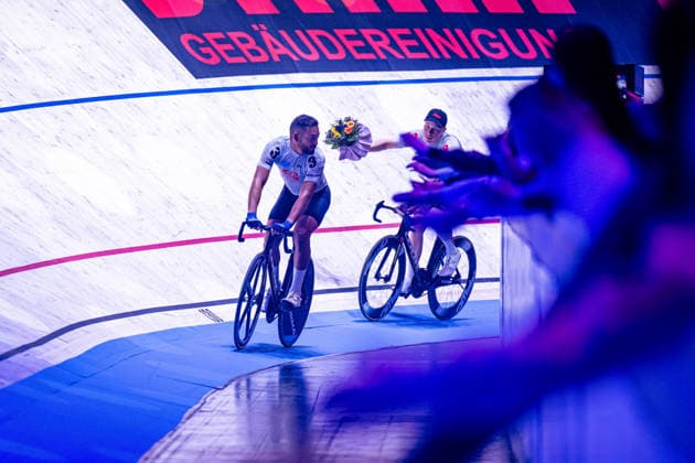 GRODIN Donovan, BERNARD Thibaut: Sixdays Bremen 2026 Team 3 - SPIELBANK BREMEN - GRODIN Donovan ( FRA ) - Black - BERNARD Thibaut ( BEL ) - Red Award Ceremony - Medal Ceremony - Podium - Querformat - quer - horizontal - Landscape - Event Veranstaltung: Sixdays Bremen 2026 - Category Kategorie: Cycling - Track cycling, Rad, Radsport, Bahnrad, Bahn Sixdays - Elite Men - Location Ort: Europe Germany - Bremen - ÖVB Arena - Discipline: Madison - Distance: ... m - Date Datum: 10.01.2026 Saturday Day 2 -