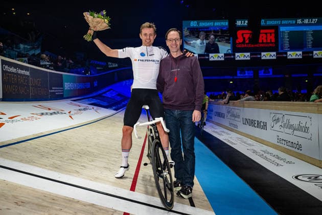 MALMBERG Matias: Sixdays Bremen 2026 Team 1 - HERMES SYSTEME - MALMBERG Matias ( DEN ) - Black - Award Ceremony - Medal Ceremony - Podium - Querformat - quer - horizontal - Landscape - Event Veranstaltung: Sixdays Bremen 2026 - Category Kategorie: Cycling - Track cycling, Rad, Radsport, Bahnrad, Bahn Sixdays - Elite Men - Location Ort: Europe Germany - Bremen - ÖVB Arena - Discipline: Laola Sprint - Distance: ... m - Date Datum: 10.01.2026 Saturday Day 2 -