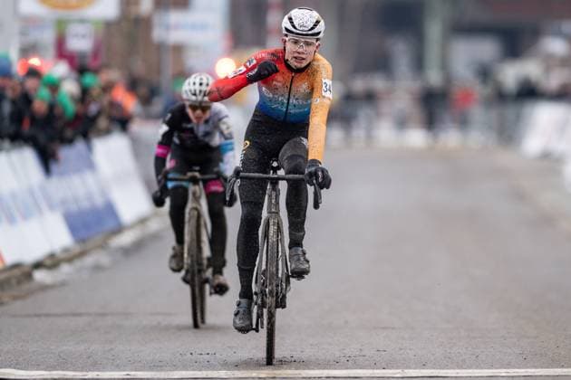 Belgian Jules Mathieux crosses the finish line at the Novices first year men race at the Belgian Cyclocross Championships in Beringen on Sunday 11 January 2026. DAVIDxPINTENS  x155123906x