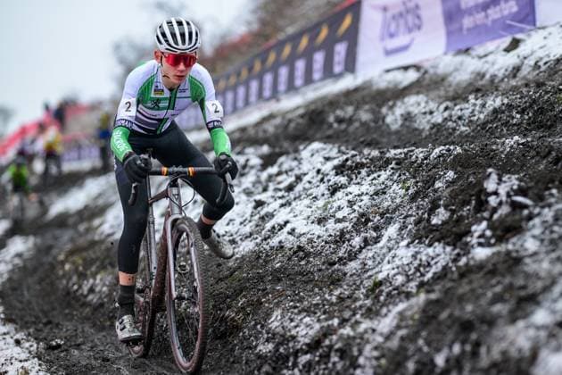 Belgian Mats Becque pictured in action during the Novices first year men race at the Belgian Cyclocross Championships in Beringen on Sunday 11 January 2026. DAVIDxPINTENS  x155125020x