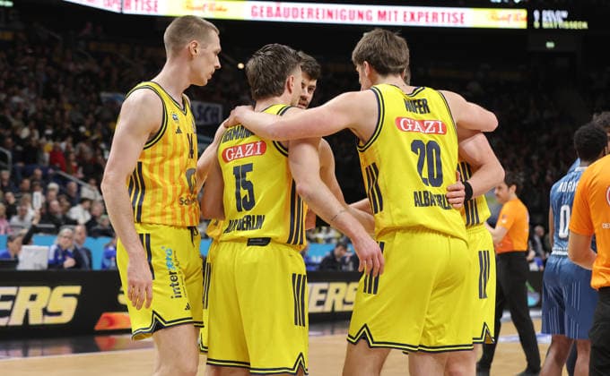 Martynas Echodas, Malte Delow, Jonas Mattisseck, Anton Nufer Basketball BBL Bundesliga Herren 15. Spieltag Saison 2025 2026 11.01.2026 ALBA Berlin vs MLP Academics Heidelberg