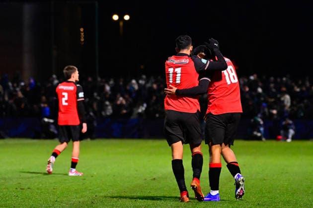 FOOTBALL : Chantilly vs Rennes - Coupe de France - 11 01 2026 Legendre Alex ( 18 - Rennes ) celebrates with teammates during the French Cup match between US Chantilly and Stade Rennais FC at Stade Pierre Brisson on January 11, 2026 in Beauvais, France. ( Photo by Federico Pestellini PSNewZ ) - BeauvaisFrance  Copyright: xFedericoxPestellinix