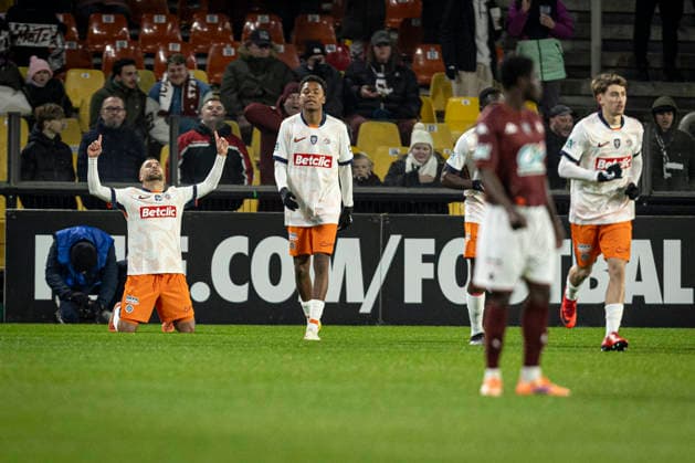 FOOTBALL: Coupe de France 16e de finale FC Metz vs Montpellier - 11 01 2026 Stade Saint-Symphorien. Metz Joie des joueurs de l equipe de Montpellier apres le but de Savanier Teji 11  Copyright: xelyxandroxcegarrax