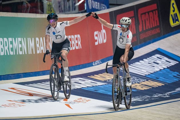 BRAUßE Franziska, KASPER Romy: Sixdays Bremen 2026 Team 1 - BRAUßE Franziska ( GER ) - Black - KASPER Romy ( GER ) - Red Querformat - quer - horizontal - Landscape - Event Veranstaltung: Sixdays Bremen 2026 - Category Kategorie: Cycling - Track cycling, Rad, Radsport, Bahnrad, Bahn Sixdays - Elite Women - Location Ort: Europe Germany - Bremen - ÖVB Arena - Discipline: Points Race - Distance: ... m - Date Datum: 11.01.2026 Sunday Day 3 -