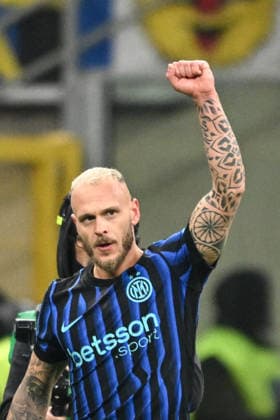 Federico Dimarco of Inter FC celebrating after a goal during the Italian Serie A football match between Inter FC and SSC Napoli on January 11th, 2026 at Giuseppe Meazza San Siro Siro stadium in Milan, Italy. Photo Tiziano Ballabio  Copyright: xTizianoxBallabio IPAxSportx xipa-agency.netx xx IPA_69948893 IPA_Agency_IPA69948893