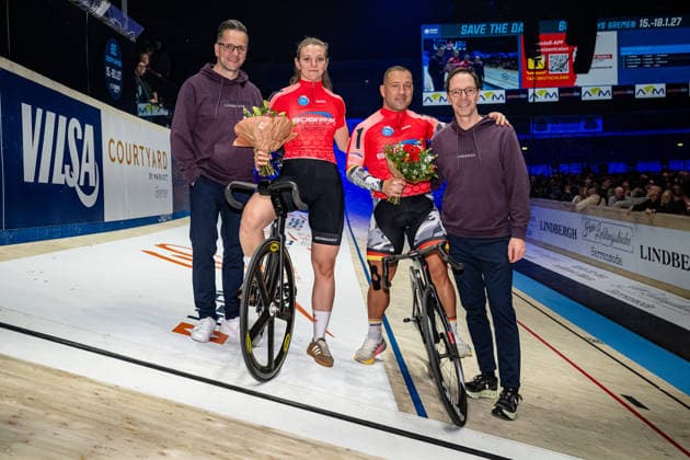 PRÖPSTER Alessa Catriona, FÖRSTEMANN Robert: Sixdays Bremen 2026 Team 1 - BOBRINK - PRÖPSTER Alessa Catriona ( GER ) - FÖRSTEMANN Robert ( GER ) Award Ceremony - Medal Ceremony - Podium - Querformat - quer - horizontal - Landscape - Event Veranstaltung: Sixdays Bremen 2026 - Category Kategorie: Cycling - Track cycling, Rad, Radsport, Bahnrad, Bahn Sixdays - Elite Men and Women - Location Ort: Europe Germany - Bremen - ÖVB Arena - Discipline: Team of the Day - Distance: ... m - Date Datum: 11.01.2026 Sunday Day 3 -