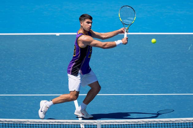 January 12, 2026: CARLOS ALCARAZ of Spain practises on Rod Laver Arena ahead of the 2026 Australian Open in Melbourne, Australia. Cal Media Melbourne Australia - ZUMAc04_ 20260112_faf_c04_002 Copyright: xSydneyxLowx