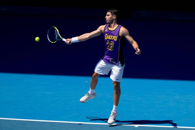 January 12, 2026: CARLOS ALCARAZ of Spain practises on Rod Laver Arena ahead of the 2026 Australian Open in Melbourne, Australia. Cal Media Melbourne Australia - ZUMAc04_ 20260112_faf_c04_006 Copyright: xSydneyxLowx