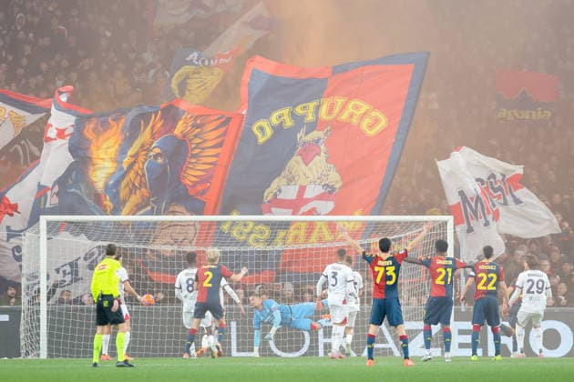 Genoa™s Leo Skiri Ostigard scores a goal during the Serie A soccer match between Genoa and Cagliari at the Luigi Ferraris Stadium in Genoa, Italy - Monday, January 12, 2026. - Soccer .  Copyright: xTanoxPecoraro LaPressex