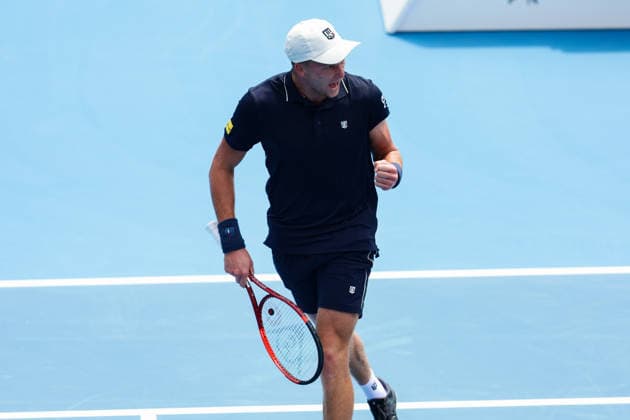 USA™s Jenson Brooksby celebrates after getting a point during Round 32 Singles Men™s ASB Classic Tennis Tournament at Manuka Doctor Arena, Auckland, New Zealand on Monday 12 January 2026. Photo: Joshua Devenie z Copyright: xx