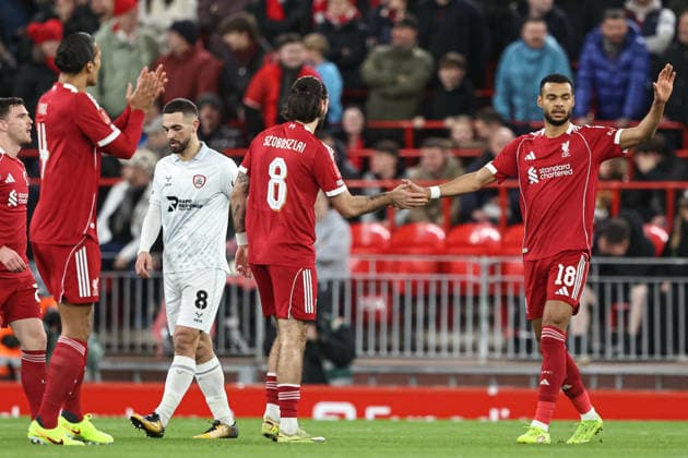 Emirates FA Cup Third Round Liverpool v Barnsley Cody Gakpo of Liverpool celebrates with Dominik Szoboszlai of Liverpool who scores to make it 1-0 during the Emirates FA Cup Third Round match Liverpool vs Barnsley at Anfield, Liverpool, United Kingdom, 12th January 2026 (Photo by Alfie Cosgrove News Images) Liverpool Anfield Merseyside United Kingdom Copyright: xAlfiexCosgrove NewsxImagesx