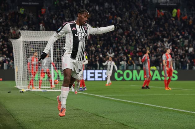 Turin, Italy, 12th January 2026. Jonathan David of Juventus celebrates after scoring to give the hosts a 2-0 lead during the Juventus vs US Cremonese Serie A match at Allianz Stadium, Turin. Picture credit should read: Jonathan Moscrop Sportimage EDITORIAL USE ONLY. No use with unauthorised audio, video, data, fixture lists, club league logos or live services. Online in-match use limited to 120 images, no video emulation. No use in betting, games or single club league player publications. SPI_012_JM_JUVE_CREMONESE_ SPI-4412-0012