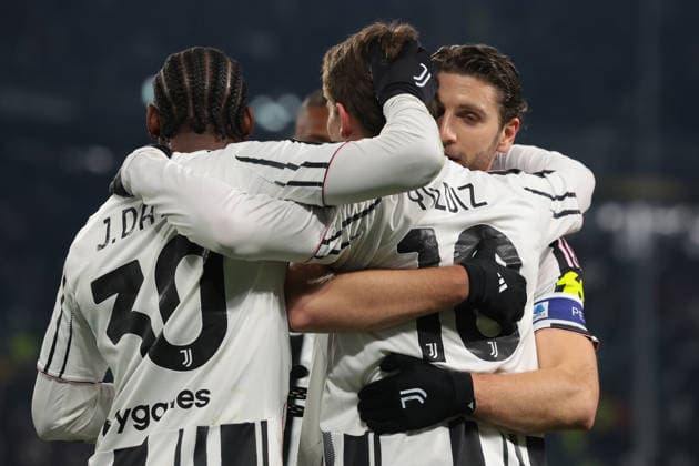 Turin, Italy, 12th January 2026. Kenan Yildiz of Juventus celebrates with team mates after scoring to give the hosts a 3-0 lead during the Juventus vs US Cremonese Serie A match at Allianz Stadium, Turin. Picture credit should read: Jonathan Moscrop Sportimage EDITORIAL USE ONLY. No use with unauthorised audio, video, data, fixture lists, club league logos or live services. Online in-match use limited to 120 images, no video emulation. No use in betting, games or single club league player publications. SPI_044_JM_JUVE_CREMONESE_ SPI-4412-0044
