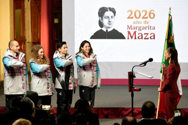 January 12, 2026, Mexico City, Ciudad de Mexico, Mexico: The President of Mexico, Claudia Sheinbaum Pardo, led the flag-raising ceremony for Donovan Carrillo, Sarah Schleper, Allan Corona and Regina MartoÂnez, the 4 athletes who will participate in the XXV edition of the Milan-Cortina 2026 Winter Olympic Games, Olympische Spiele, Olympia, OS during a news conference at the National Palace. on January 12, 2026 in Mexico City, Mexico. Mexico City Mexico - ZUMAe321 20260112_zsa_e321_003 Copyright: xLuisxBarronx