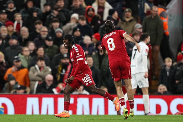 Emirates FA Cup Third Round Liverpool v Barnsley Jeremie Frimpong of Liverpool scores to make it 2-0 during the Emirates FA Cup Third Round match Liverpool vs Barnsley at Anfield, Liverpool, United Kingdom, 12th January 2026 (Photo by Alfie Cosgrove News Images) Liverpool Anfield Merseyside United Kingdom Copyright: xAlfiexCosgrove NewsxImagesx