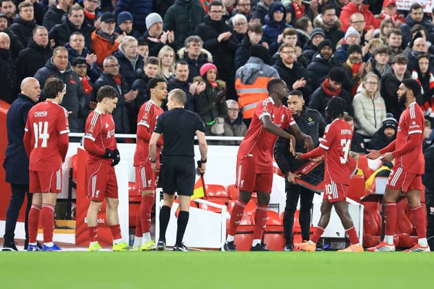 Liverpool, England, 12th January 2026. Federico Chiesa (L), Jeremie Frimpong (2nd R) and Joe Gomez of Liverpool (R) are substituted for Florian Wirtz (2nd L), Hugo Ekitike (3rd L) and Ibrahima Konatà (3rd R) of Liverpool during the Liverpool vs Barnsley FA Cup match at Anfield, Liverpool. Picture credit should read: Jessica Hornby Sportimage EDITORIAL USE ONLY. No use with unauthorised audio, video, data, fixture lists, club league logos or live services. Online in-match use limited to 120 images, no video emulation. No use in betting, games or single club league player publications. SPI_084_JH_Liverpool_Barnsley SPI-4444-0084