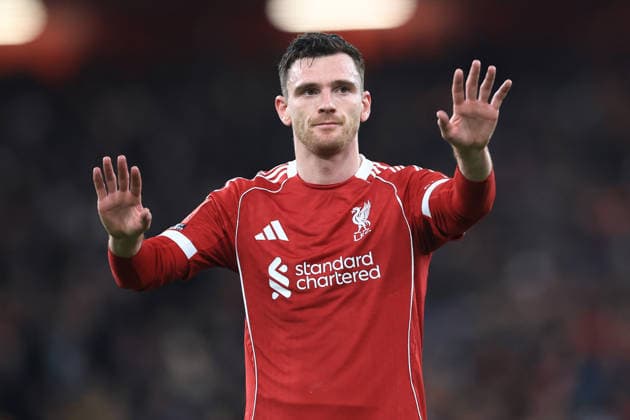 Liverpool, England, 12th January 2026. Andrew Robertson of Liverpool during the Liverpool vs Barnsley FA Cup match at Anfield, Liverpool. Picture credit should read: Jessica Hornby Sportimage EDITORIAL USE ONLY. No use with unauthorised audio, video, data, fixture lists, club league logos or live services. Online in-match use limited to 120 images, no video emulation. No use in betting, games or single club league player publications. SPI_088_JH_Liverpool_Barnsley SPI-4444-0088