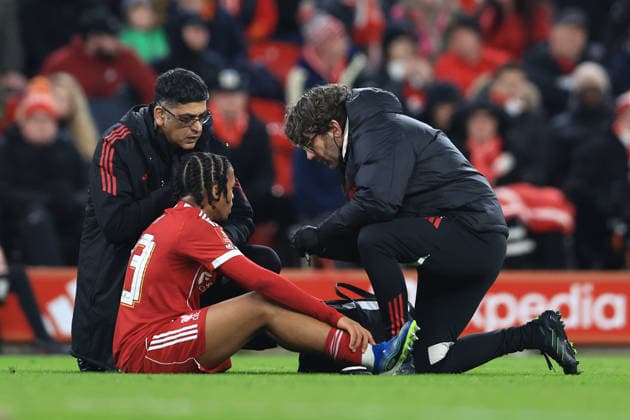 Liverpool, England, 12th January 2026. Rio Ngumoha of Liverpool receives medical treatment during the Liverpool vs Barnsley FA Cup match at Anfield, Liverpool. Picture credit should read: Jessica Hornby Sportimage EDITORIAL USE ONLY. No use with unauthorised audio, video, data, fixture lists, club league logos or live services. Online in-match use limited to 120 images, no video emulation. No use in betting, games or single club league player publications. SPI_095_JH_Liverpool_Barnsley SPI-4444-0095