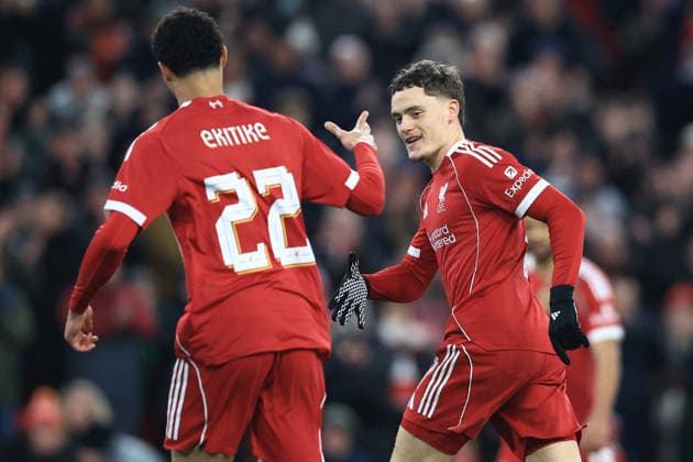 Liverpool, England, 12th January 2026. Florian Wirtz (R) of Liverpool celebrates with Hugo Ekitike after scoring to make it 3-1 during the Liverpool vs Barnsley FA Cup match at Anfield, Liverpool. Picture credit should read: Jessica Hornby Sportimage EDITORIAL USE ONLY. No use with unauthorised audio, video, data, fixture lists, club league logos or live services. Online in-match use limited to 120 images, no video emulation. No use in betting, games or single club league player publications. SPI_100_JH_Liverpool_Barnsley SPI-4444-0100