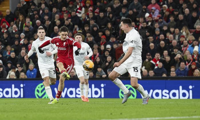Liverpool v Barnsley, FA Cup, 3rd Round 12.01.26 Liverpool v Barnsley, FA Cup, 3rd Round Bradley Ormesher The Times Florian Wirtz of Liverpool scores and celebrates scoring his teams 3rd goal  Copyright: xBradleyxOrmesherx NINTCHDBPICT001051151344