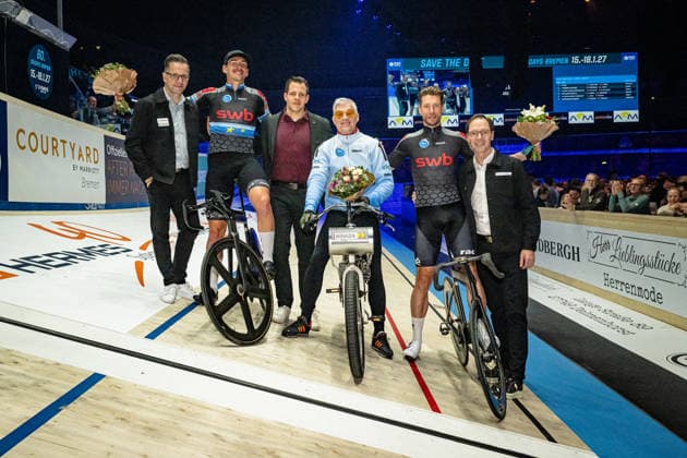 AUGENSTEIN Moritz, KLUGE Roger: Sixdays Bremen 2026 Team 9 - SWB - AUGENSTEIN Moritz ( GER ) - Black - KLUGE Roger ( GER ) - Red Team 1 - BÄUERLEIN Peter ( GER ) - Pacemaker - Winner First Place - Award Ceremony - Medal Ceremony - Podium - Querformat - quer - horizontal - Landscape - Event Veranstaltung: Sixdays Bremen 2026 - Category Kategorie: Cycling - Track cycling, Rad, Radsport, Bahnrad, Bahn Sixdays - Elite Men - Location Ort: Europe Germany - Bremen - ÖVB Arena - Discipline: Derny Race - Distance: ... m - Date Datum: 12.01.2026 Monday Day 4 -