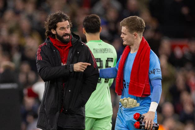 Football - FA Cup - 3rd Round - Liverpool FC v Barnsley FC LIVERPOOL, ENGLAND - Monday, January 12, 2026: Liverpool s (L-R) unused substitute Alisson Becker and Barnsley s goalkeeper Murphy Cooper after the FA Cup 3rd Round match between Liverpool FC and Barnsley FC at Anfield. Liverpool won 4-1. (Photo by David Rawcliffe Propaganda) LIVERPOOL Anfield MERSEYSIDE ENGLAND  Copyright: xPropagandaxPhotoxAgencyx P2026-01-12-Liverpool_Barnsley-124