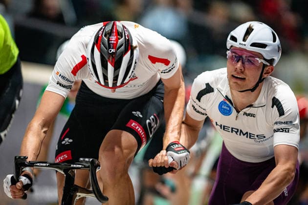 MALMBERG Matias, POLITT Nils: Sixdays Bremen 2026 Team 1 - HERMES SYSTEME - MALMBERG Matias ( DEN ) - Black - POLITT Nils ( GER ) - Red Third Place - Querformat - quer - horizontal - Landscape - Event Veranstaltung: Sixdays Bremen 2026 - Category Kategorie: Cycling - Track cycling, Rad, Radsport, Bahnrad, Bahn Sixdays - Elite Men - Location Ort: Europe Germany - Bremen - ÖVB Arena - Discipline: Madison - Distance: 1 Hour - Date Datum: 12.01.2026 Monday Day 4 -