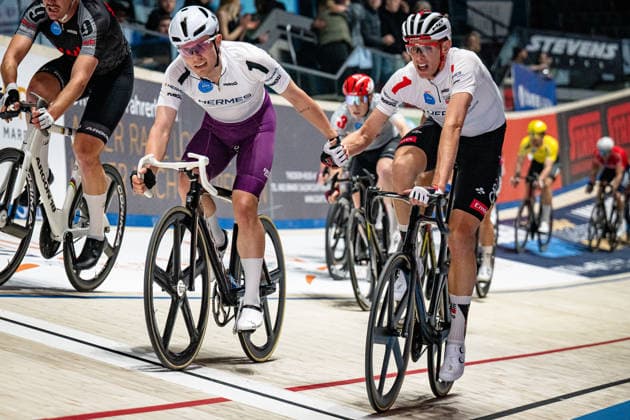MALMBERG Matias, POLITT Nils: Sixdays Bremen 2026 Team 1 - HERMES SYSTEME - MALMBERG Matias ( DEN ) - Black - POLITT Nils ( GER ) - Red Third Place - Querformat - quer - horizontal - Landscape - Event Veranstaltung: Sixdays Bremen 2026 - Category Kategorie: Cycling - Track cycling, Rad, Radsport, Bahnrad, Bahn Sixdays - Elite Men - Location Ort: Europe Germany - Bremen - ÖVB Arena - Discipline: Madison - Distance: 1 Hour - Date Datum: 12.01.2026 Monday Day 4 -