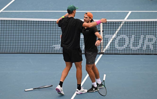 New Zealand™s Finn Reynolds and James Watt during their doubles match at the ASB Classic Men™s ATP, Tennis Herren 250 tennis tournament at Manuka Doctor Arena, Auckland,New Zealand. Tuesday 13 January 2026. Photo: Andrew Cornaga z Auckland New Zealand Copyright: xAndrewxCornaga x