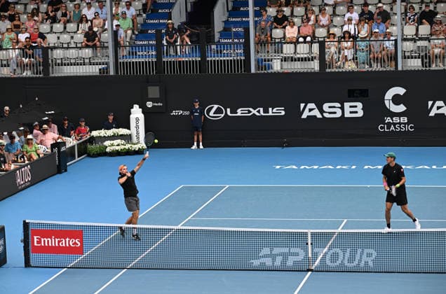 New Zealand™s Finn Reynolds and James Watt during their doubles match at the ASB Classic Men™s ATP, Tennis Herren 250 tennis tournament at Manuka Doctor Arena, Auckland,New Zealand. Tuesday 13 January 2026. Photo: Andrew Cornaga z Auckland New Zealand Copyright: xAndrewxCornaga x