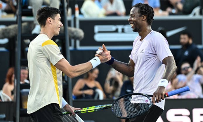 Hungary™s Fabian Marozsan and France™s Gael Monfils after their first round singles match at the ASB Classic Men™s ATP, Tennis Herren 250 tennis tournament at Manuka Doctor Arena, Auckland,New Zealand. Tuesday 13 January 2026. Photo: Andrew Cornaga z Auckland New Zealand Copyright: xAndrewxCornaga x