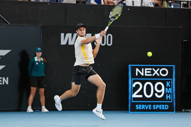 January 13, 2026, Adelaide, South Australia, Australia: ALEKSANDER VUKIC of Australia in action during his first round win 7-6 (6-3), 7-6 (6-5) against S. TSITSIPAS, during the 2026 Adelaide International Tennis Tournament Adelaide Australia - ZUMAw216 20260113_zsp_w216_091 Copyright: xMarkxWilloughbyx