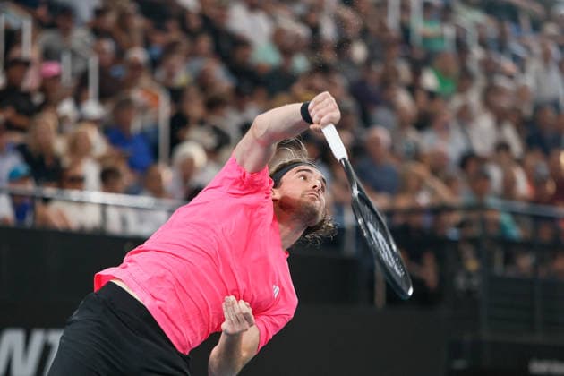 January 13, 2026, Adelaide, South Australia, Australia: STEFANOS TSITSIPAS of Greece in action in his first round match against A. VUKIC of Australia, during the 2026 Adelaide International Tennis Tournament Adelaide Australia - ZUMAw216 20260113_zsp_w216_103 Copyright: xMarkxWilloughbyx