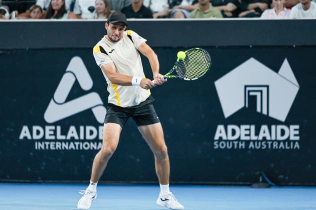 January 13, 2026, Adelaide, South Australia, Australia: ALEKSANDER VUKIC of Australia in action during his first round win 7-6 (6-3), 7-6 (6-5) against S. TSITSIPAS, during the 2026 Adelaide International Tennis Tournament Adelaide Australia - ZUMAw216 20260113_zsp_w216_109 Copyright: xMarkxWilloughbyx