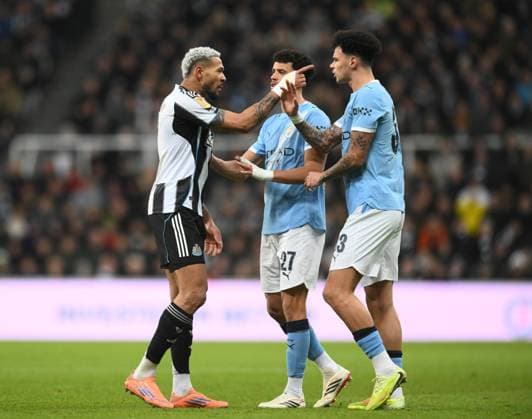 Joelinton of Newcastle United (left) clashes with Nico O Reilly of Manchester City Newcastle United v Manchester City, EFL Carabao Cup, Semi Final, First Leg, Football, St James Park, Newcastle, UK - 13 Jan 2026Newcastle St James Park United Kingdom EDITORIAL USE ONLY No use with unauthorised audio, video, data, fixture lists, club league logos or live services. Online in-match use limited to 120 images, no video emulation. No use in betting, games or single club league player publications. Copyright: xRichardxLee Shutterstockx 16302979bc